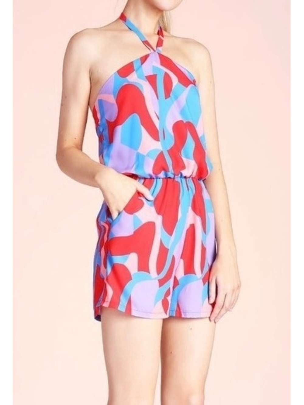 Tyche Women's Halter Neck Romper in Blue Abstract Print, Size Large